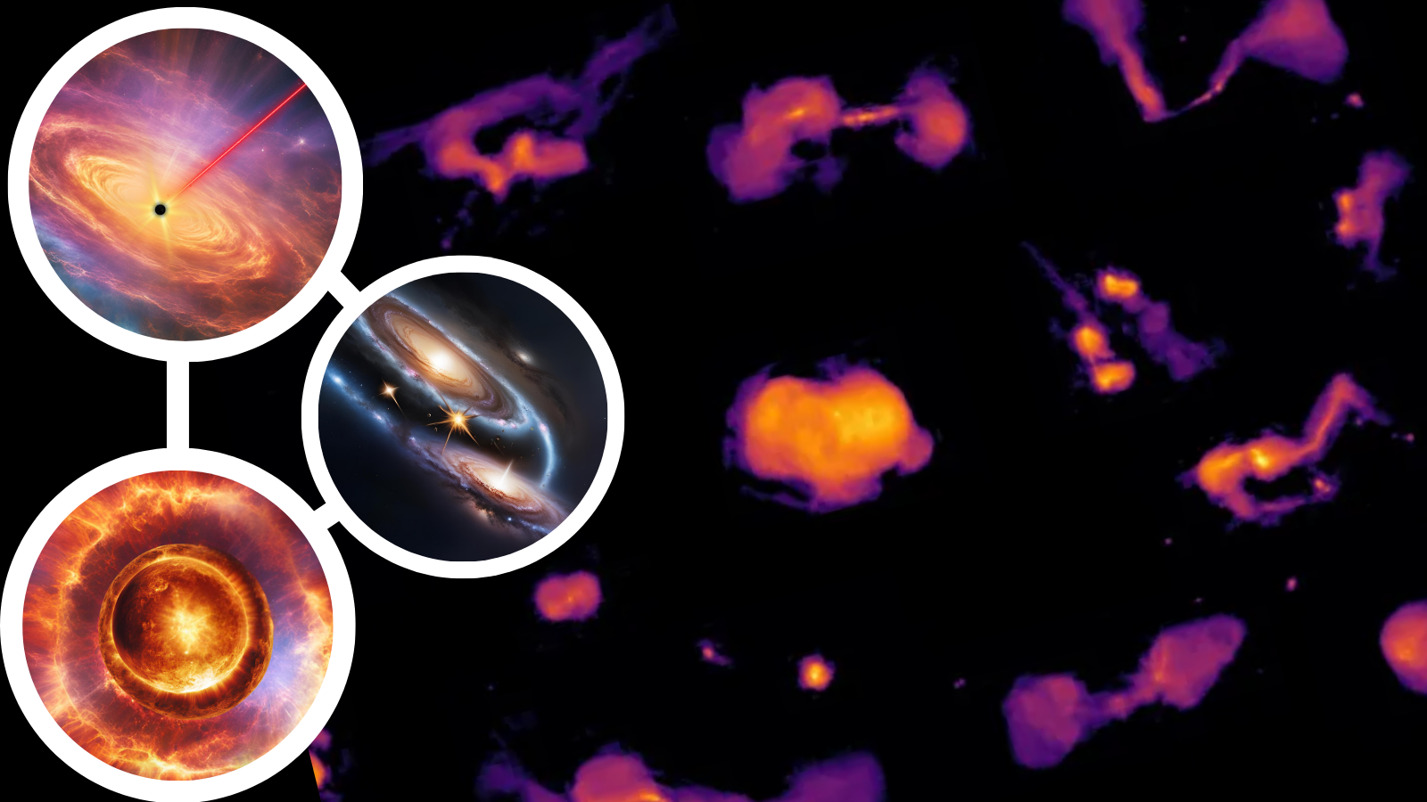 An image showing blobs of yellow and purple light with insets of illustrations showing what these blobs could represent.