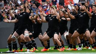 New Zealand All Blacks performing the haka before a rugby match