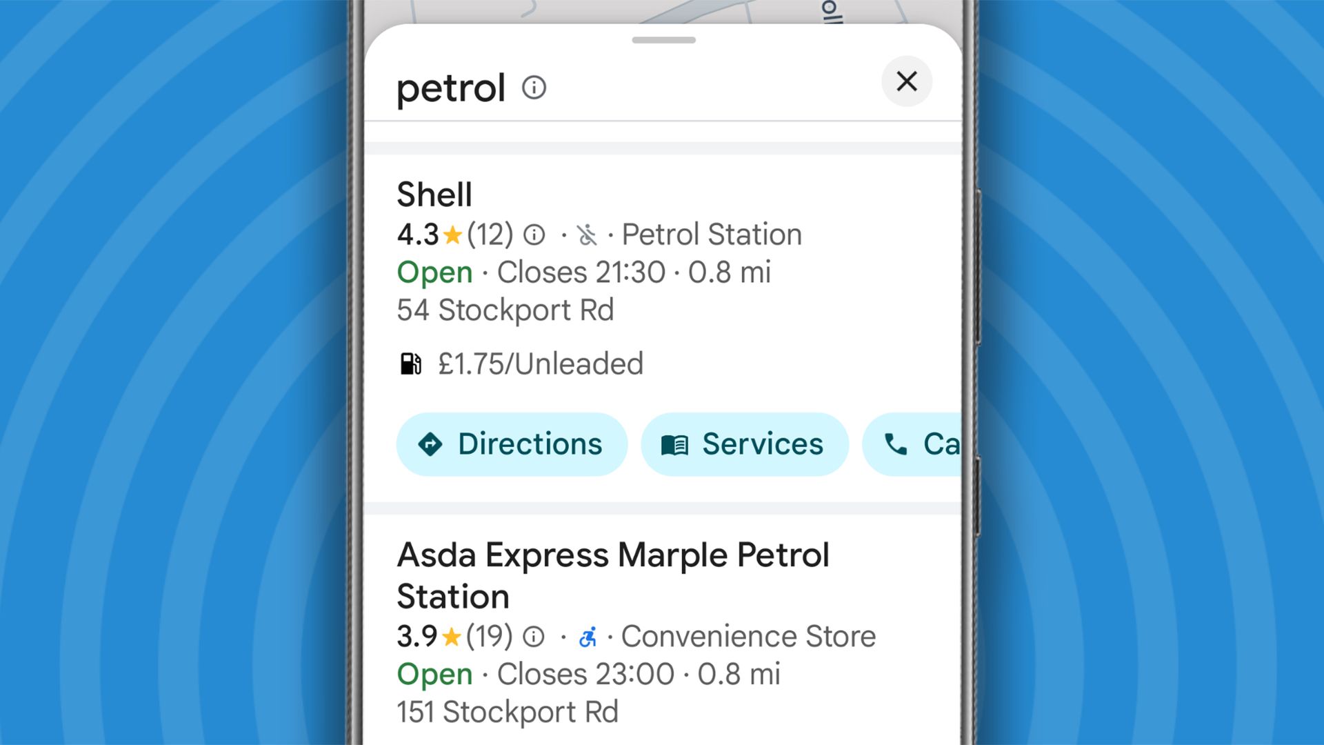 Petrol prices in Google Maps