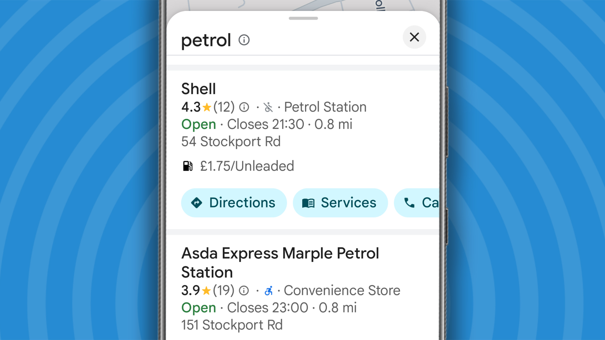 Petrol prices in Google Maps