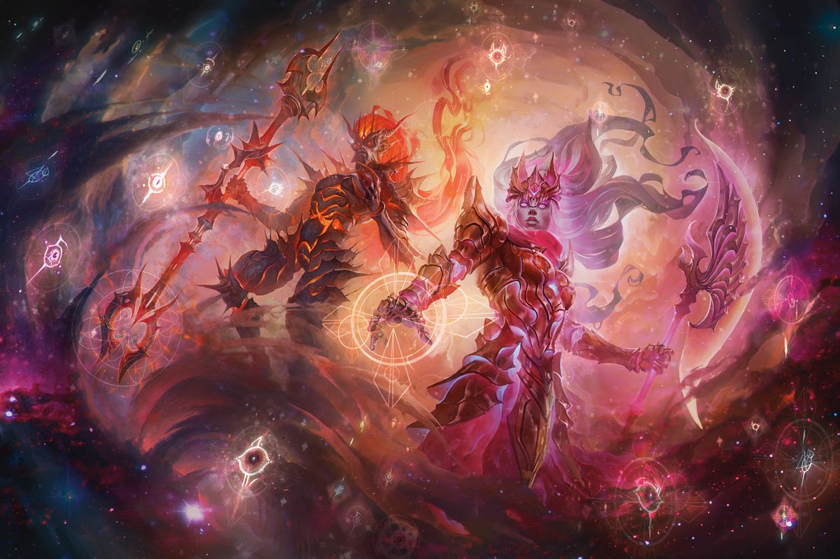Two Empyreans stand triumphant amidst the swirling cosmos in the D&amp;D 2024 Monster Manual.