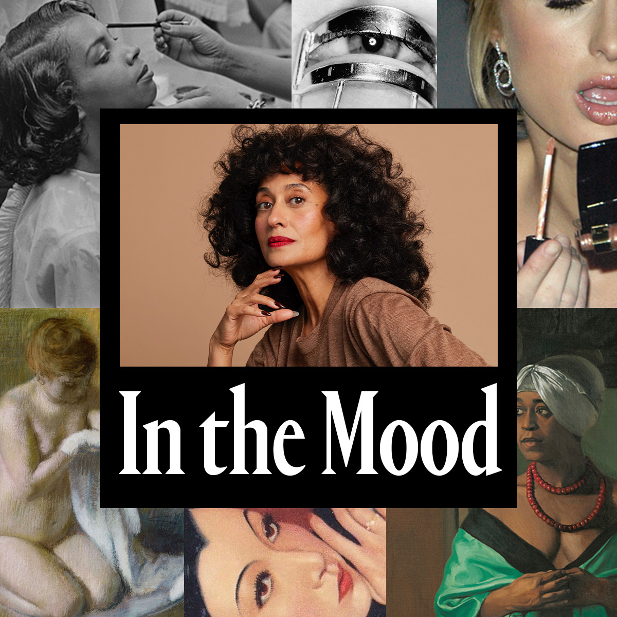 A woman with curly hair in the middle of a collage that features pictures of various women getting ready. 