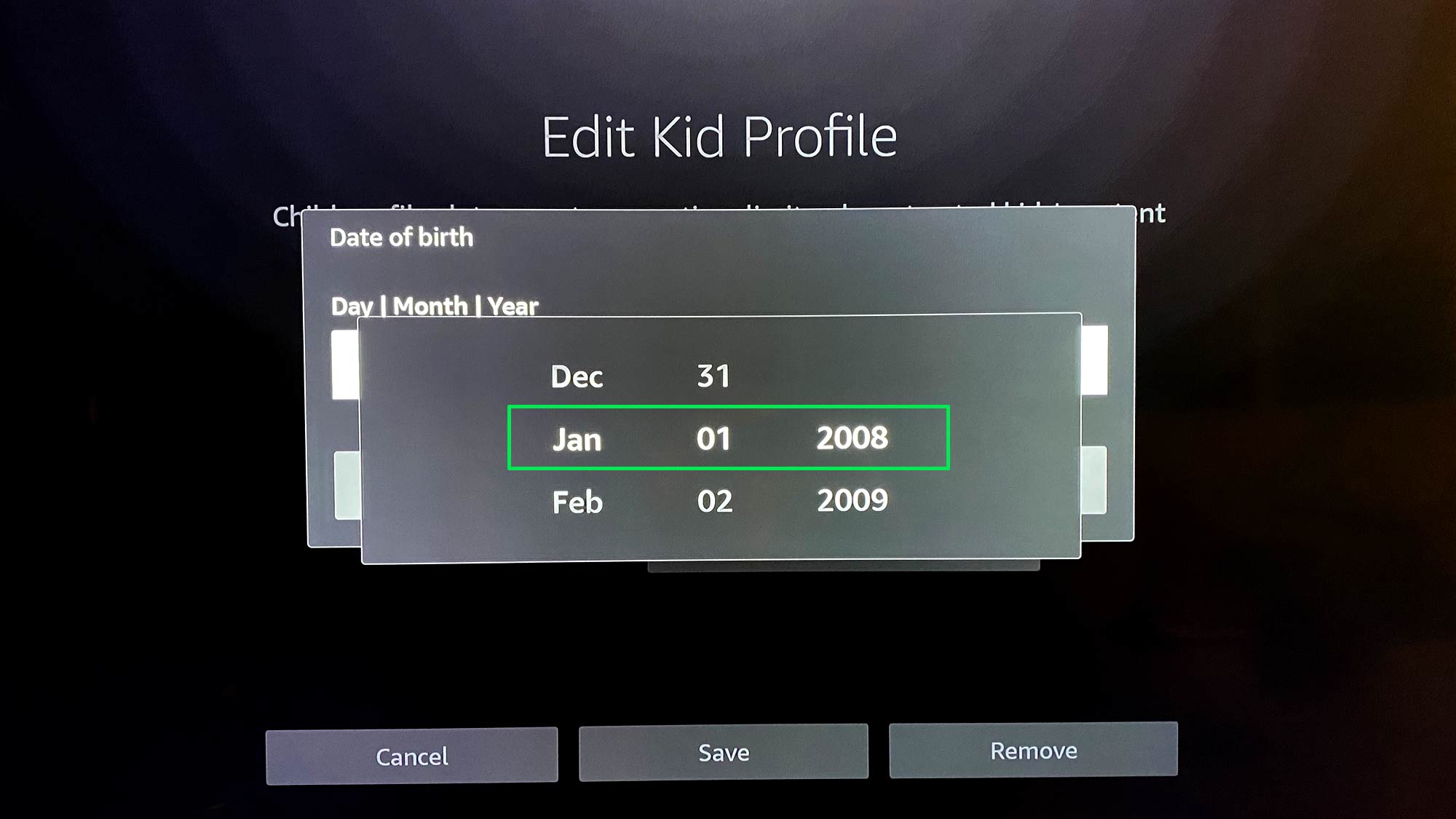 Как добавить профили Fire TV - введите дату рождения
