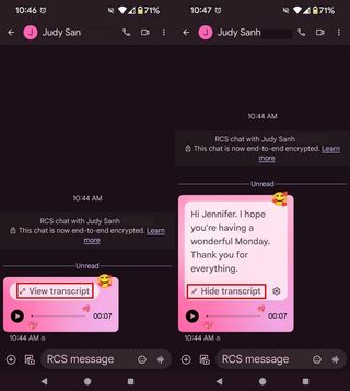 Option to hide or view transcript on voice message