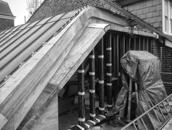 Many of the timber sections, birch couplings and timber canopy were prefabricated in a