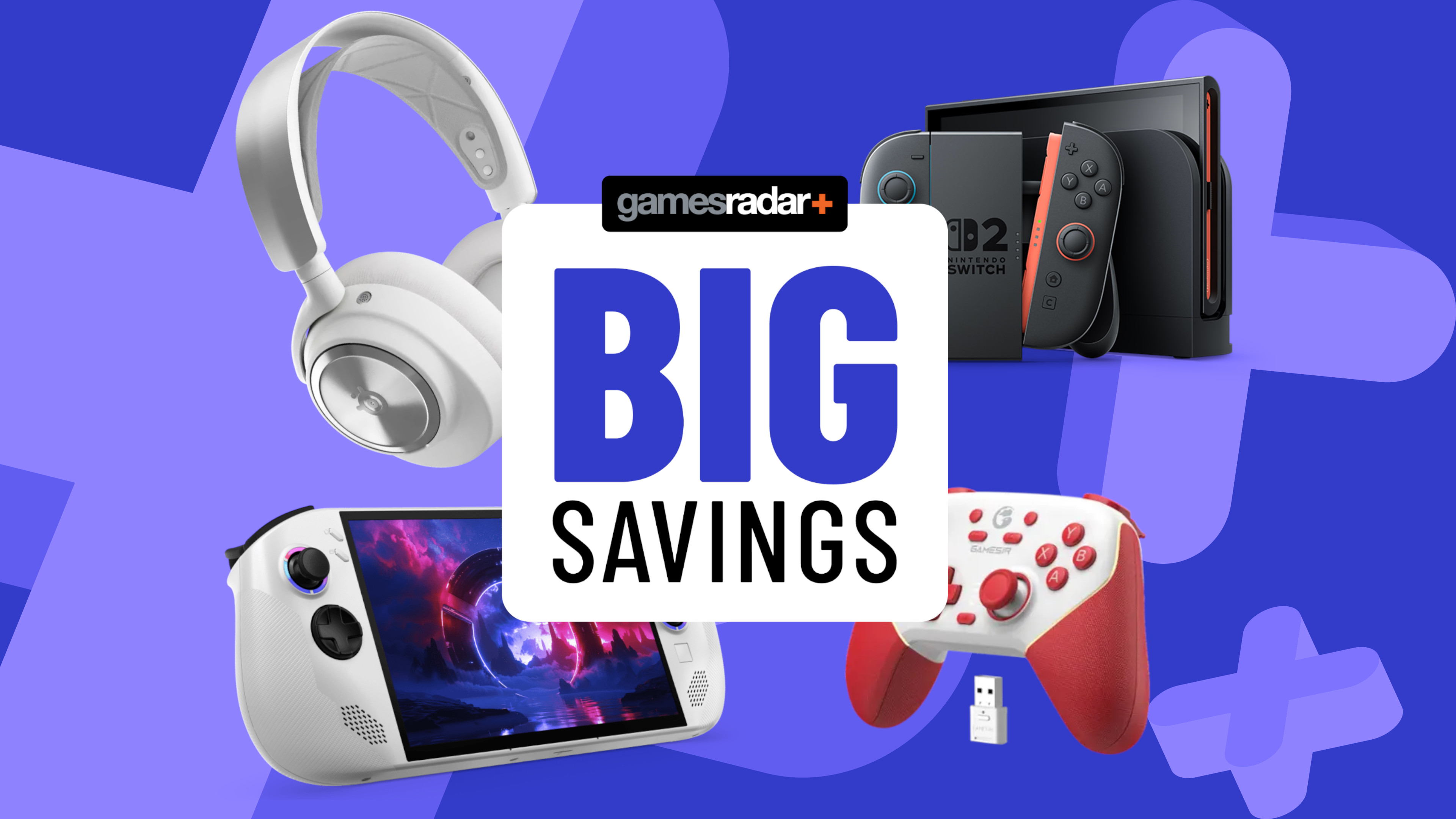 Gaming accessories on a blue background with big savings badge in the middle