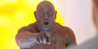 Guardians of the Galaxy Drax points and laughs at Star-Lord you must be so embarrassed