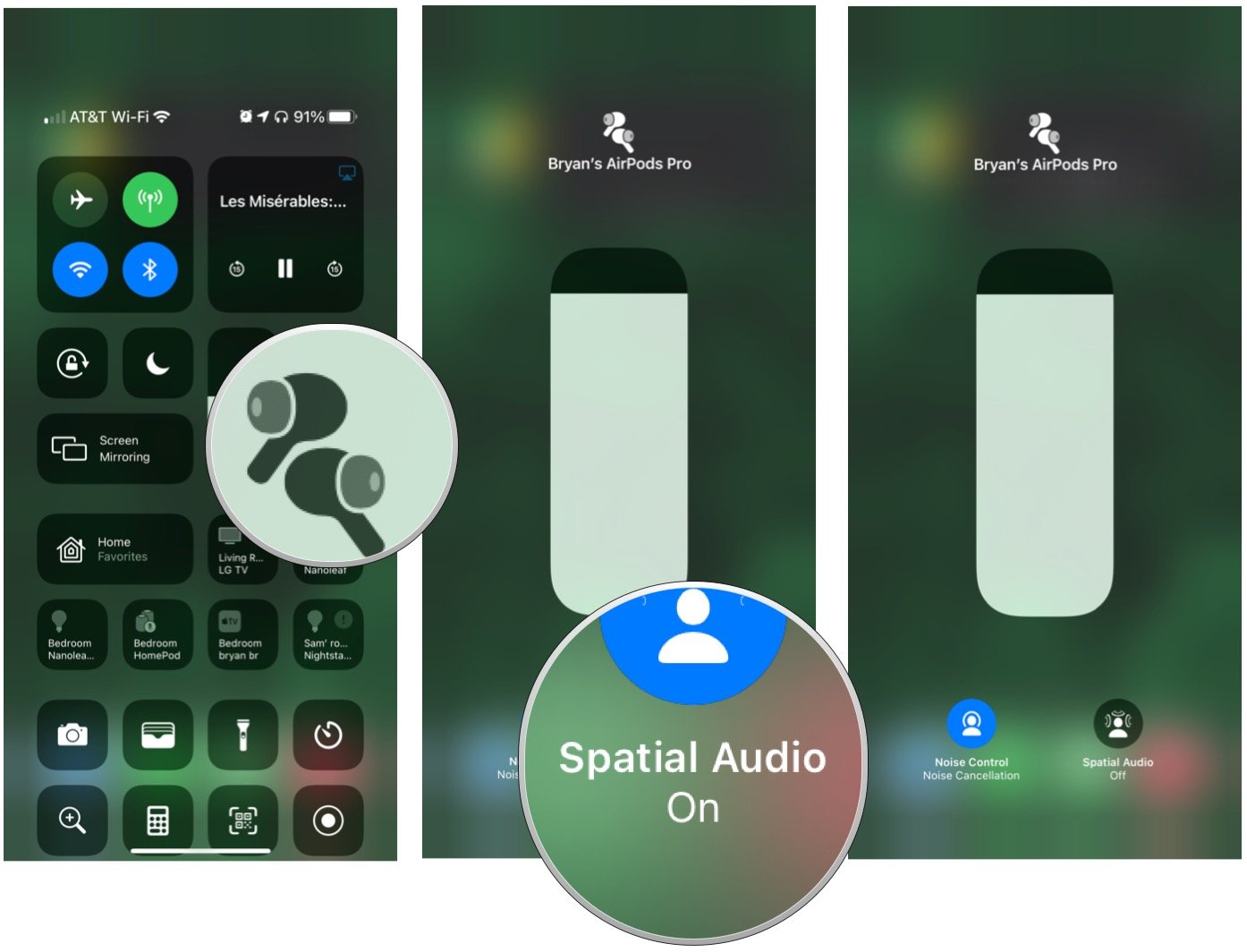 To control spatial audio on AirPods Pro or AirPods Max, open Control Center on your supported device. Touch and hold the volume control. Tap the spatial audio button to turn the feature on/off.