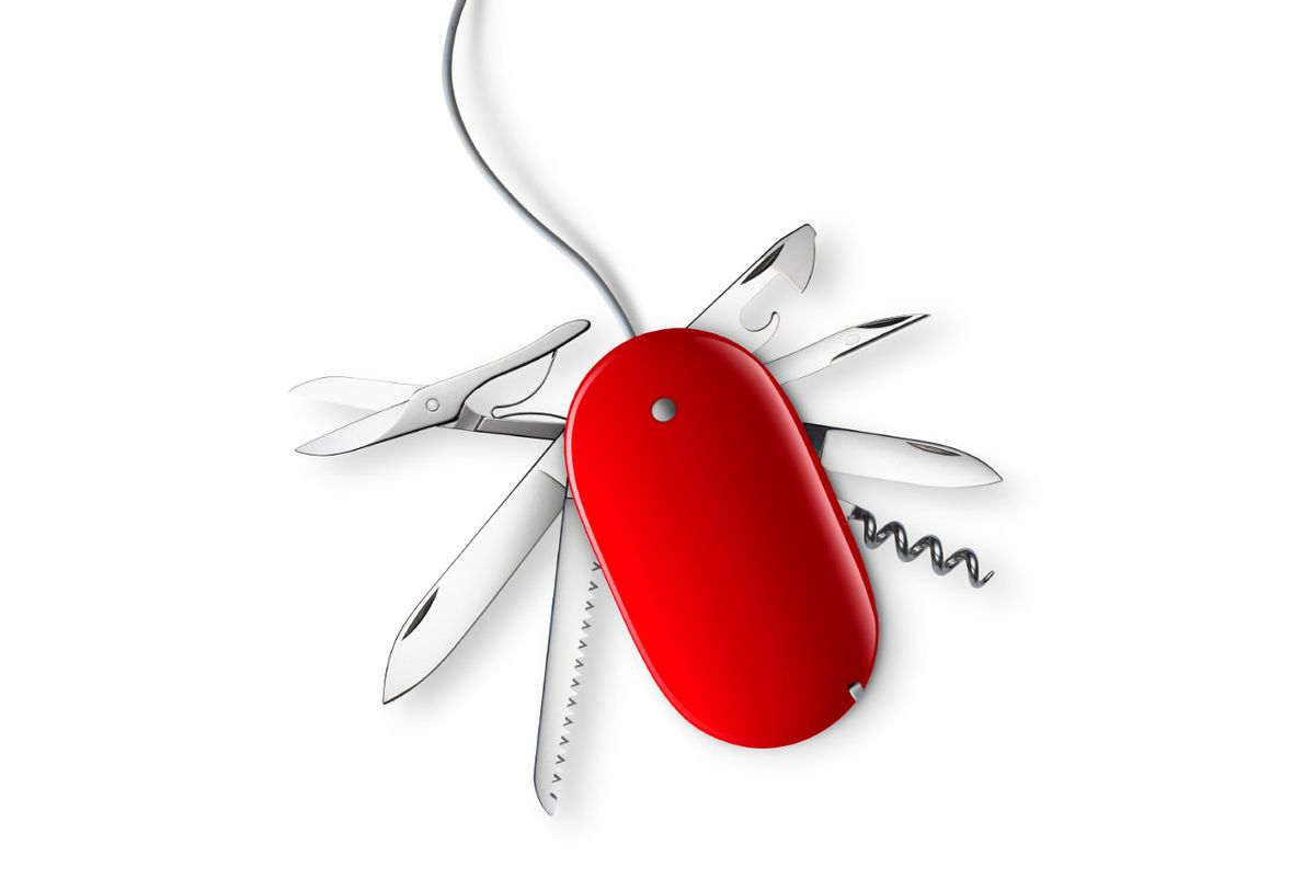 Tools like those of a Swiss Army knife emerge from a red computer mouse 