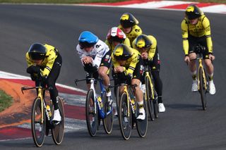 Team Visma-Lease a Bike riders cycle during a reconnaissance tour prior to the 3rd stage of the Paris-Nice cycling race, a 28,4 km team time trial between Nevers' Magny-Cours Circuit and Nevers, on March 11, 2025. (Photo by Anne-Christine POUJOULAT / AFP)