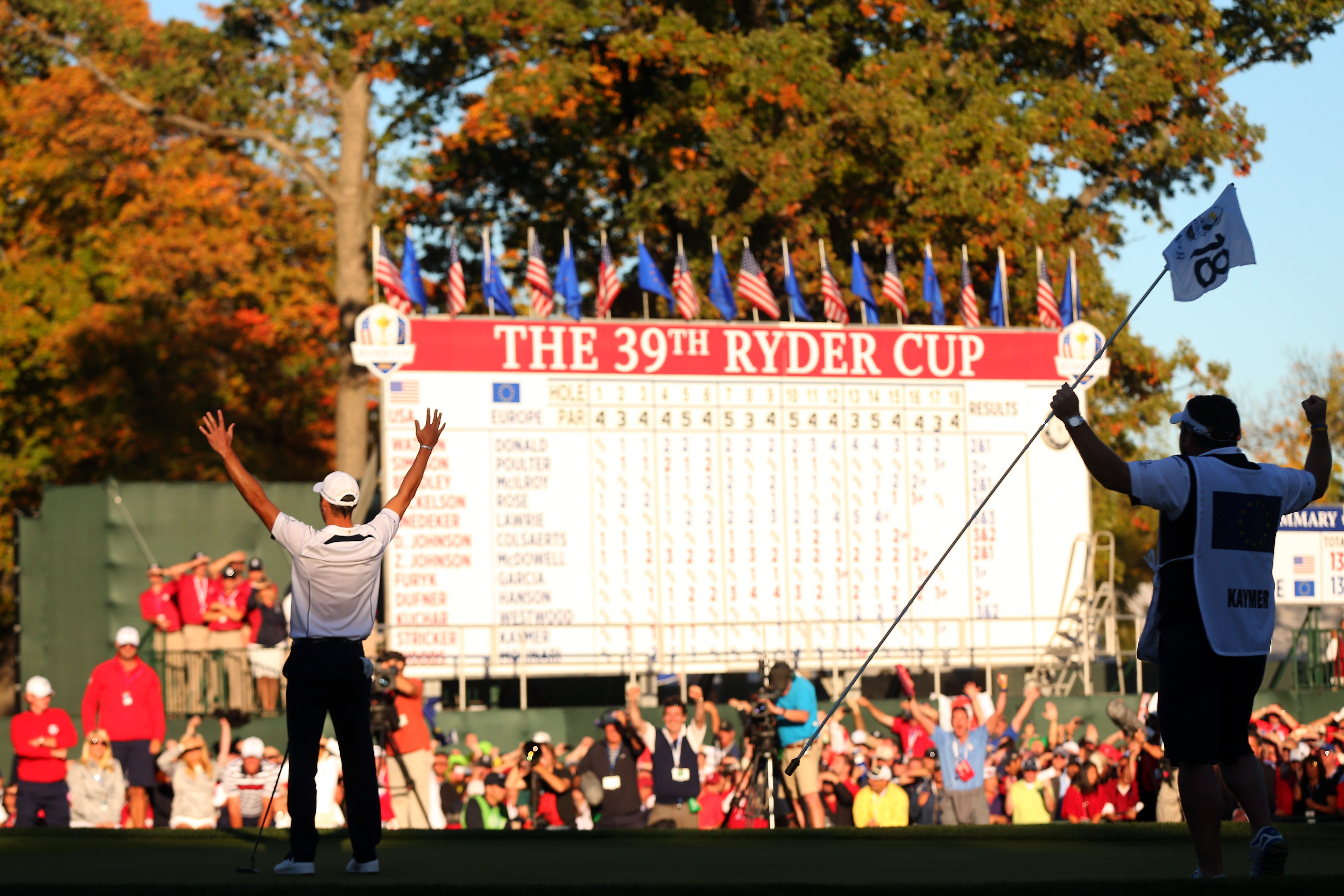 Martin Kaymer celebrates holing the winning putt at Medinah