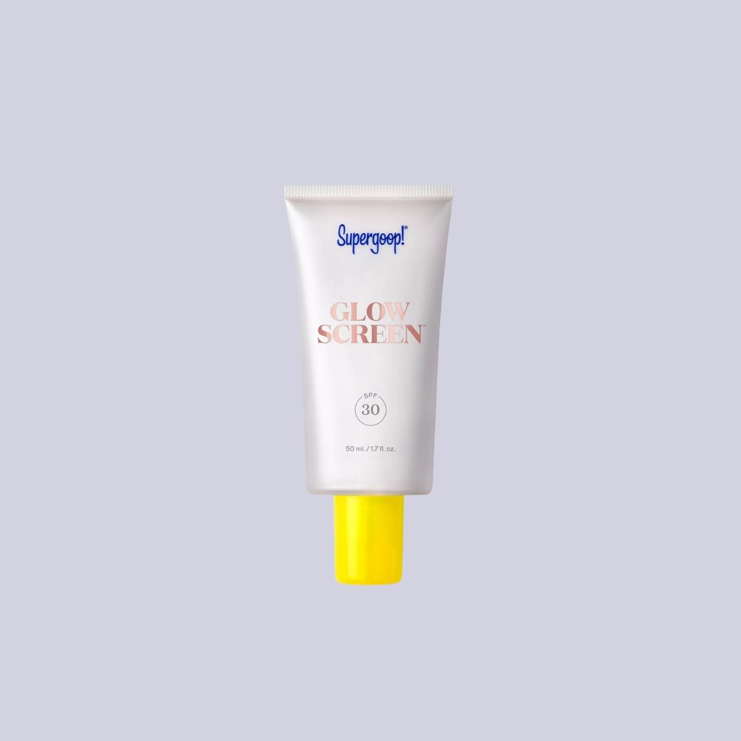 SUPERGOOP!Glowscreen SPF 30 suncream 50ml against a lilac background.