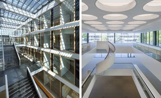 Left image: Stairwell and landings on the different floor levels, white glazed ceiling, casting shadows on the glass fronted levels. Right: white viewing gallery, spiral white staircase, white ceiling with large circular lighting design, glazed walls with view of surrounding area