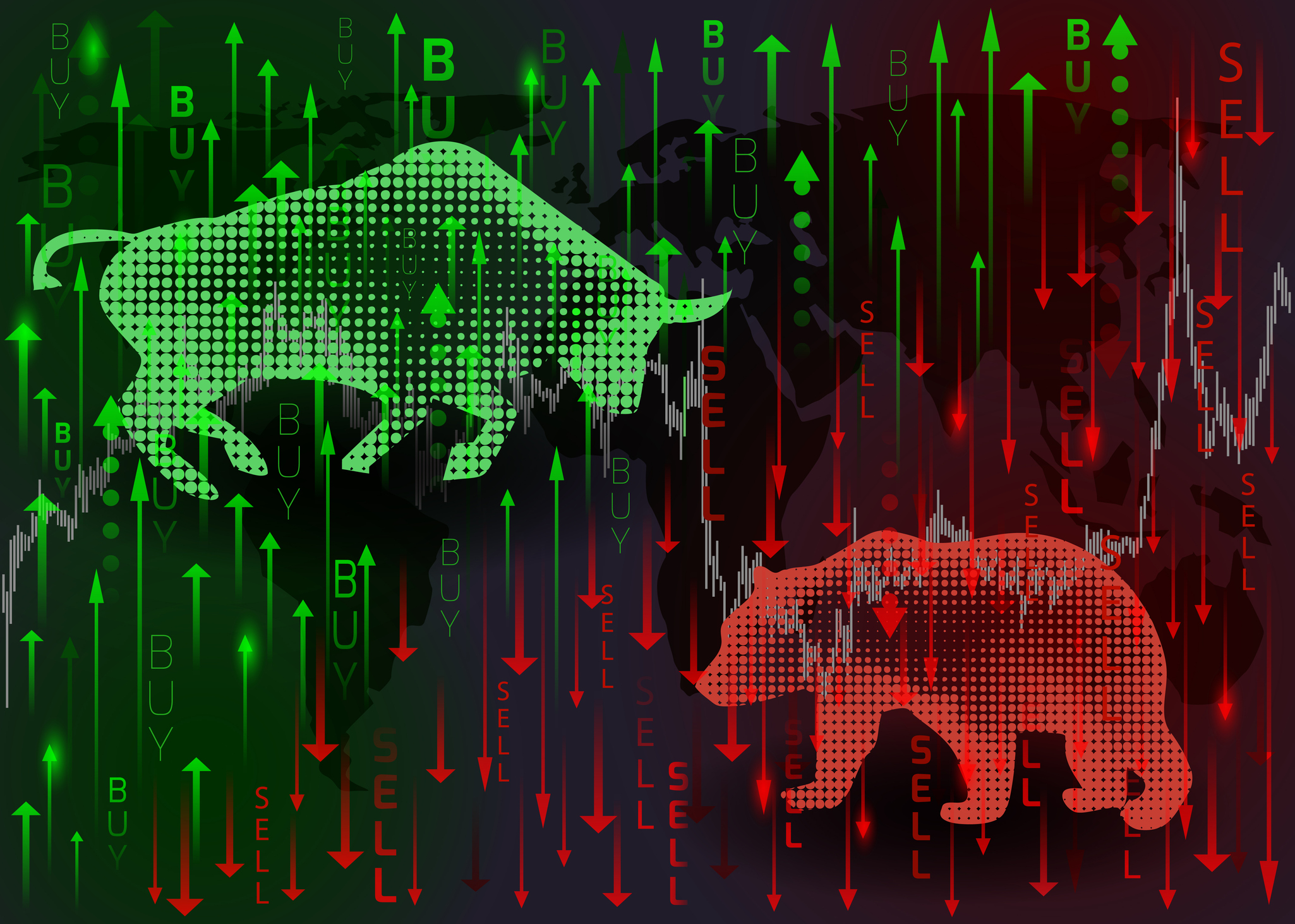 green digitized bull arrows up buy red digitized bear sell arrows down