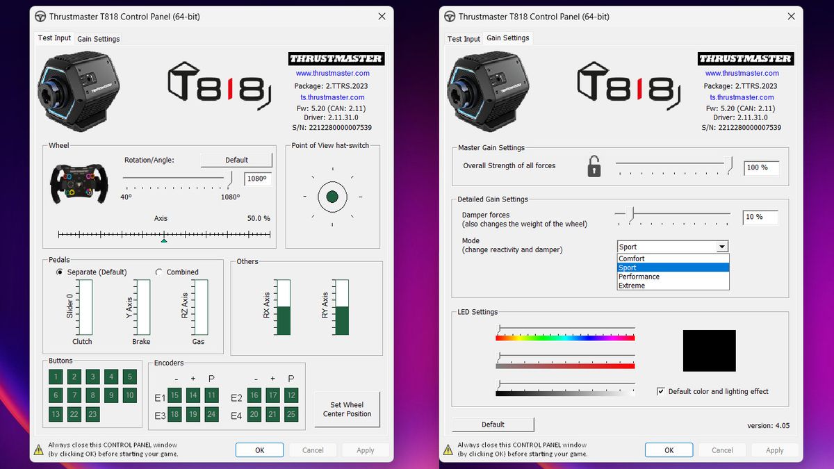 Thrustmaster T818 control panel app displaying adjustable settings