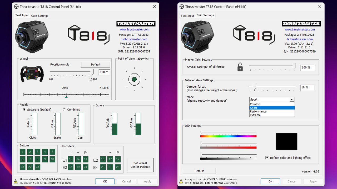 Thrustmaster T818 control panel app displaying adjustable settings