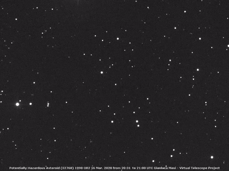 This animation by Gianluca Masi at the Virtual Telescope Project shows the movement of the potentially hazardous asteroid 1998 OR2 in the night sky on March 16, 2020, between 4:31 p.m. EDT and 5 p.m. EDT (2031-2100 GMT).