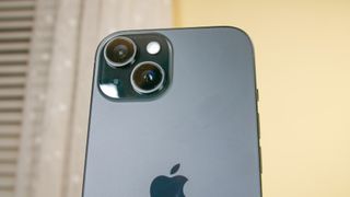 Closeup of dual-camera system of the Apple iPhone 15.