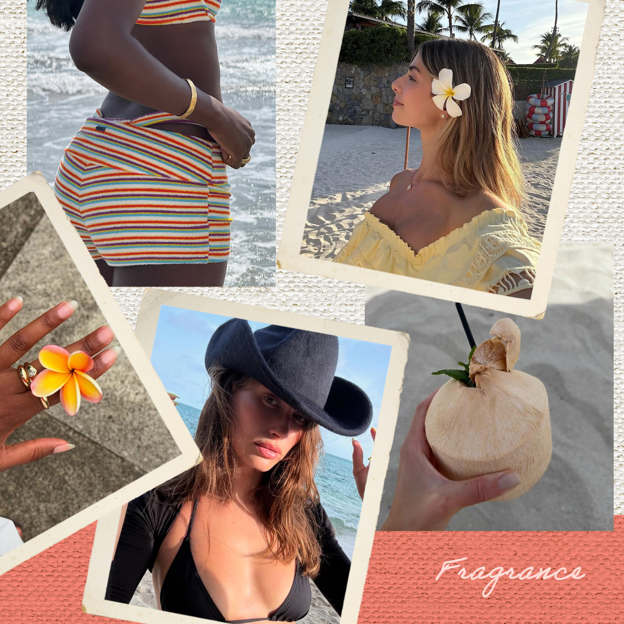 A collage of Island Girl fragrance inspiration from Claire Most, Emmanuelle Koffi, Hailey Bieber, and Kit Keenan