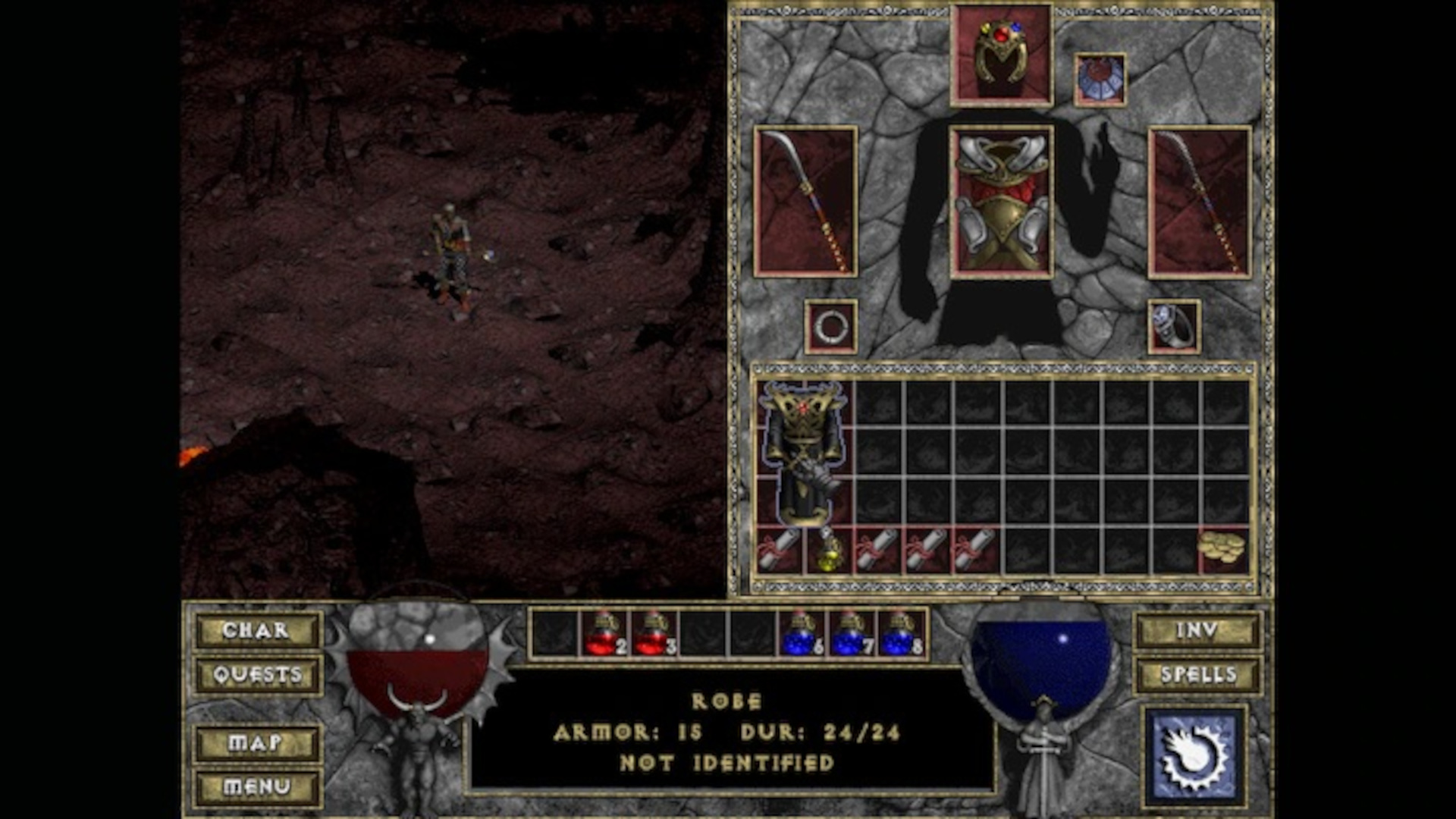 In Diablo a character in a dungeon equips robe armor