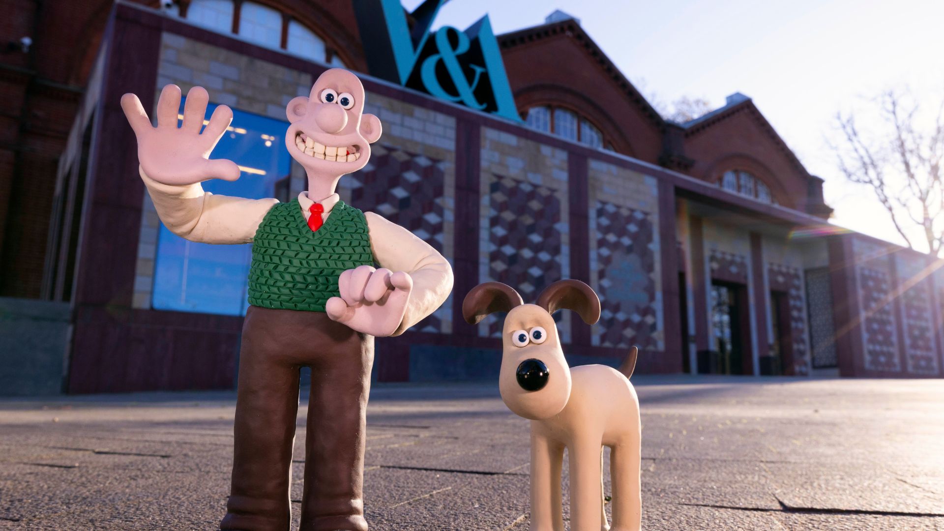 an image of claymation wallace and gromit outside the young V&A