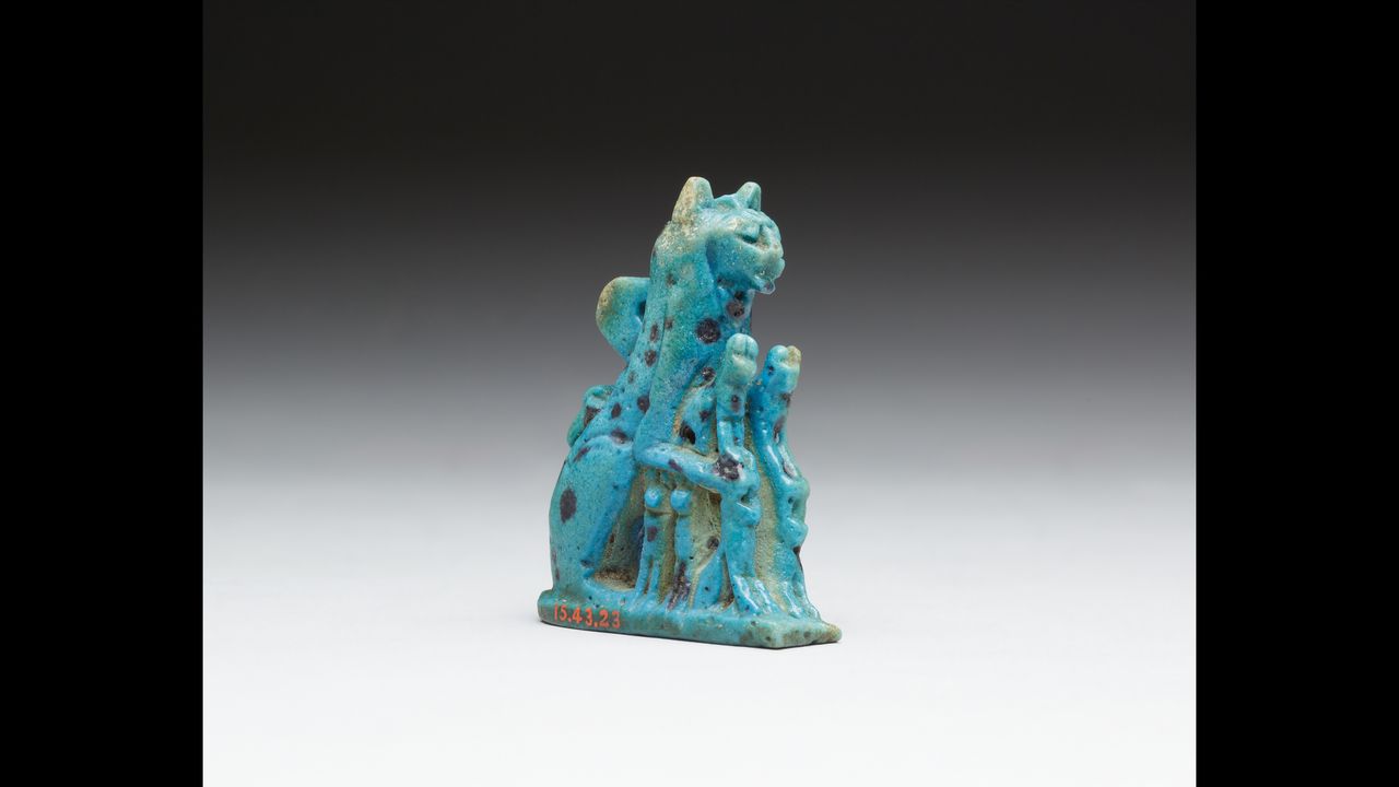 A cat amulet crafted from faience that dates to Egypt's Third Intermediate period or later (1070&ndash;664 B.C.).