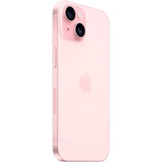 Apple iPhone 15 3/4 angle in pink showing Apple logo and cameras