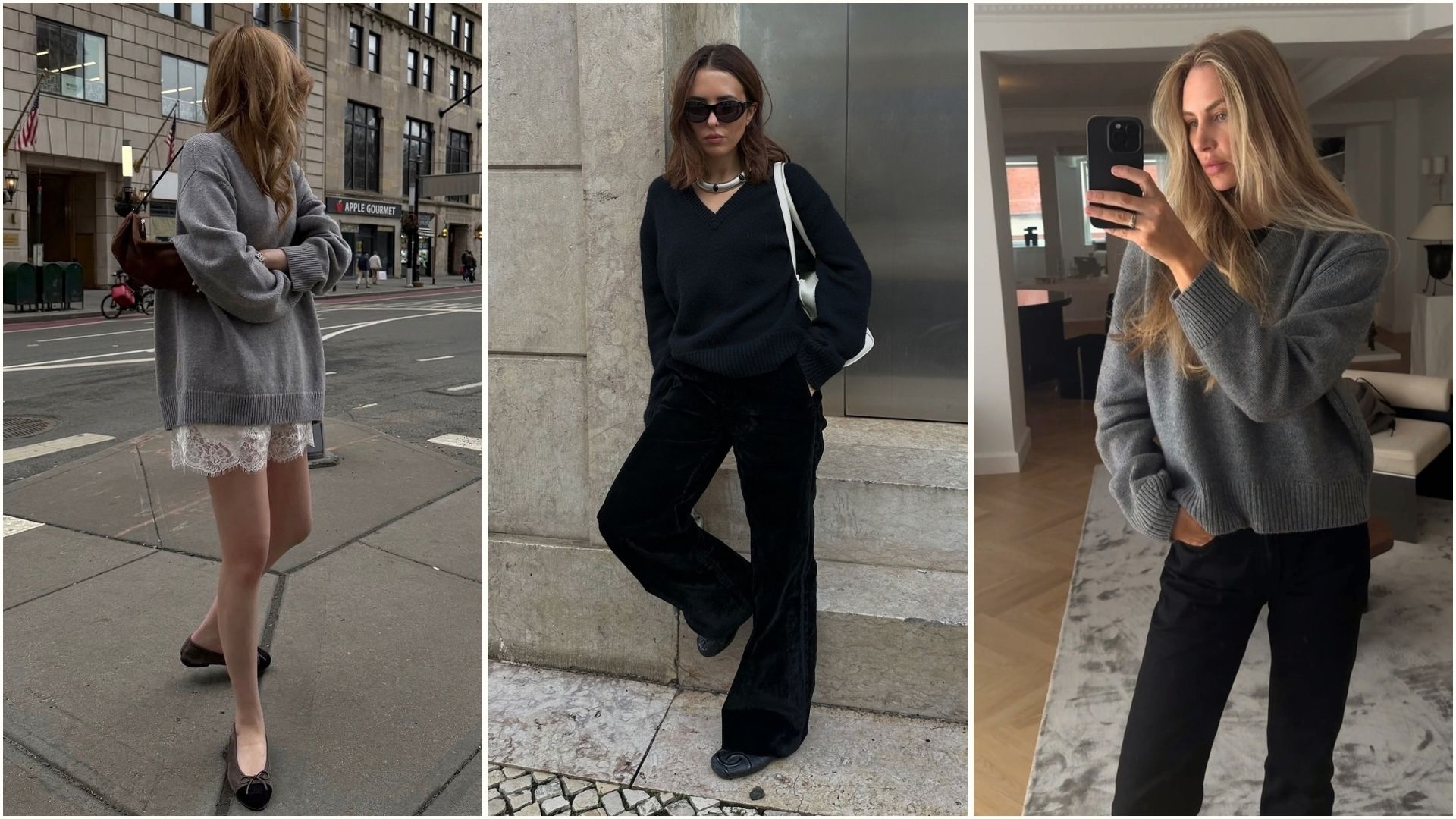 Three women wears the Almada Yara V-Neck Sweater