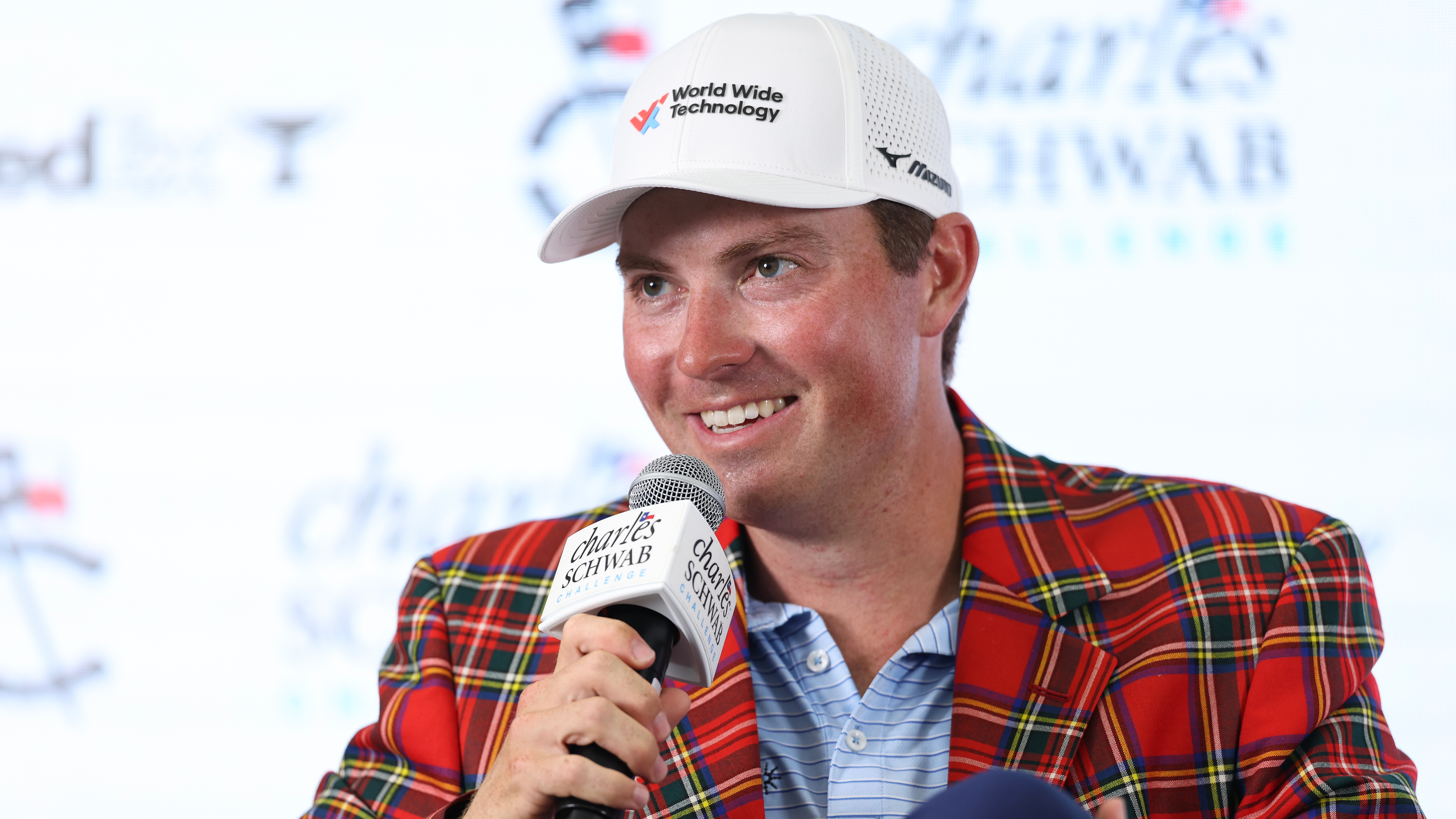 Ben Griffin speaks during his post-tournament press conference after winning the 2025 Charles Schwab Challenge