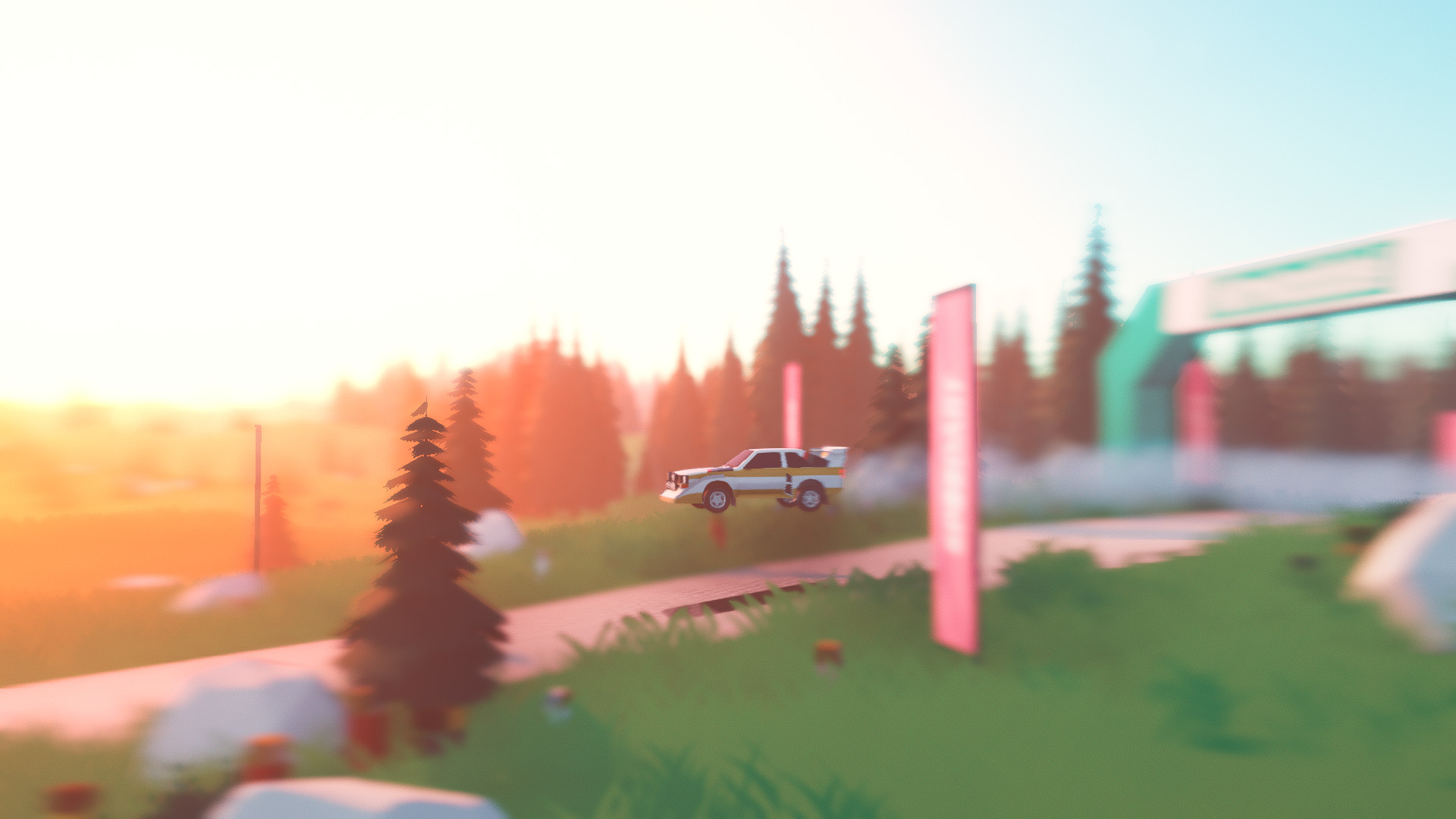 Car in art of rally making a jump with forest and setting sun in background.