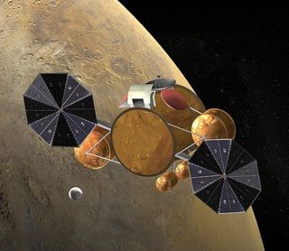 Rendezvous above Mars. This artist's view of the proposed Mars Sample Return mission shows an orbiting sample container loaded with martian rock and soil specimens lining up for capture by an Earth return vehicle.