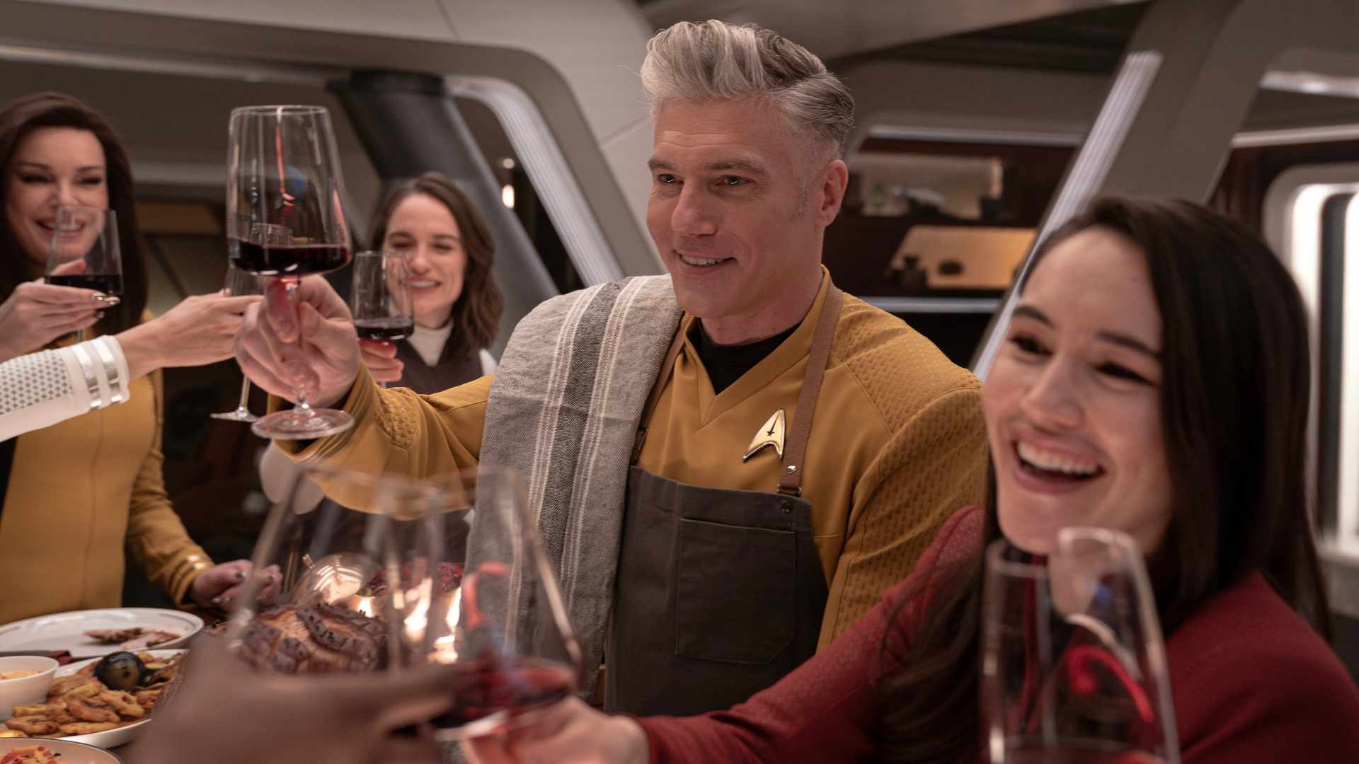 L to R Rebecca Romijn as Una, Melanie Scrofano as Batel, Anson Mount as Capt. Pike and Christina Chong as LaÃ­an in season 3 , Episode 7 of Strange New Worlds streaming on Paramount+. Photo Credit: Marni GrossmanParamount+ 