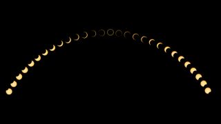 A series of images showing the progression of an annular solar eclipse. 