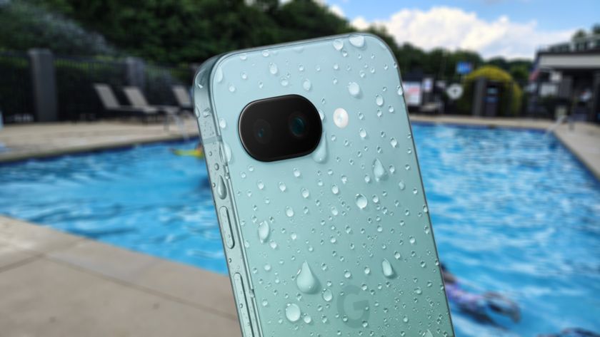 A wet Google Pixel 9a render altered with a different color and a swimming pool in the background