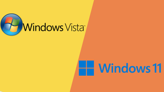Windows 11 and Windows Vista logos on a split yellow and orange background