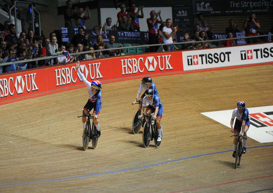 Emily Nelson, Elinor Barker, Neah Evans and Katie Archibald of Great Britain celebrate after winning the Women's Team Pursuit
