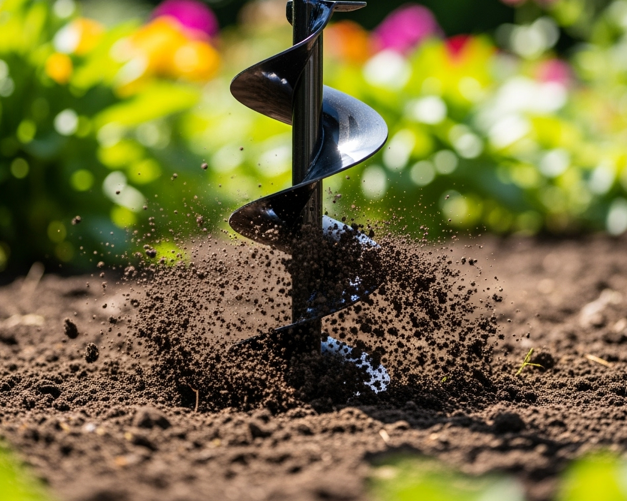 planting bulbs using an auger in garden soil