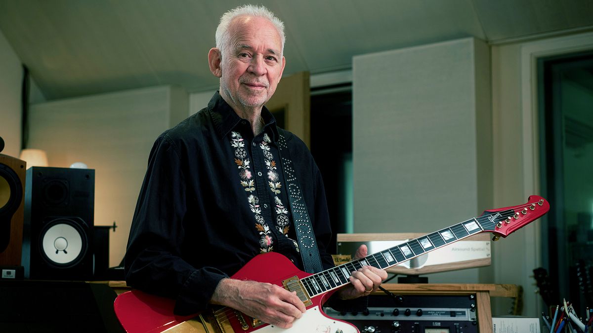 Phil Manzanera in his studio in London, 2024. This photo appeared with a story on GuitarPlayer.com about the 10 albums that changed his life. He&#039;s holding the Cardinal Red Gibson Firebird VII that has been his constant creative companion from his Roxy Music days onwards