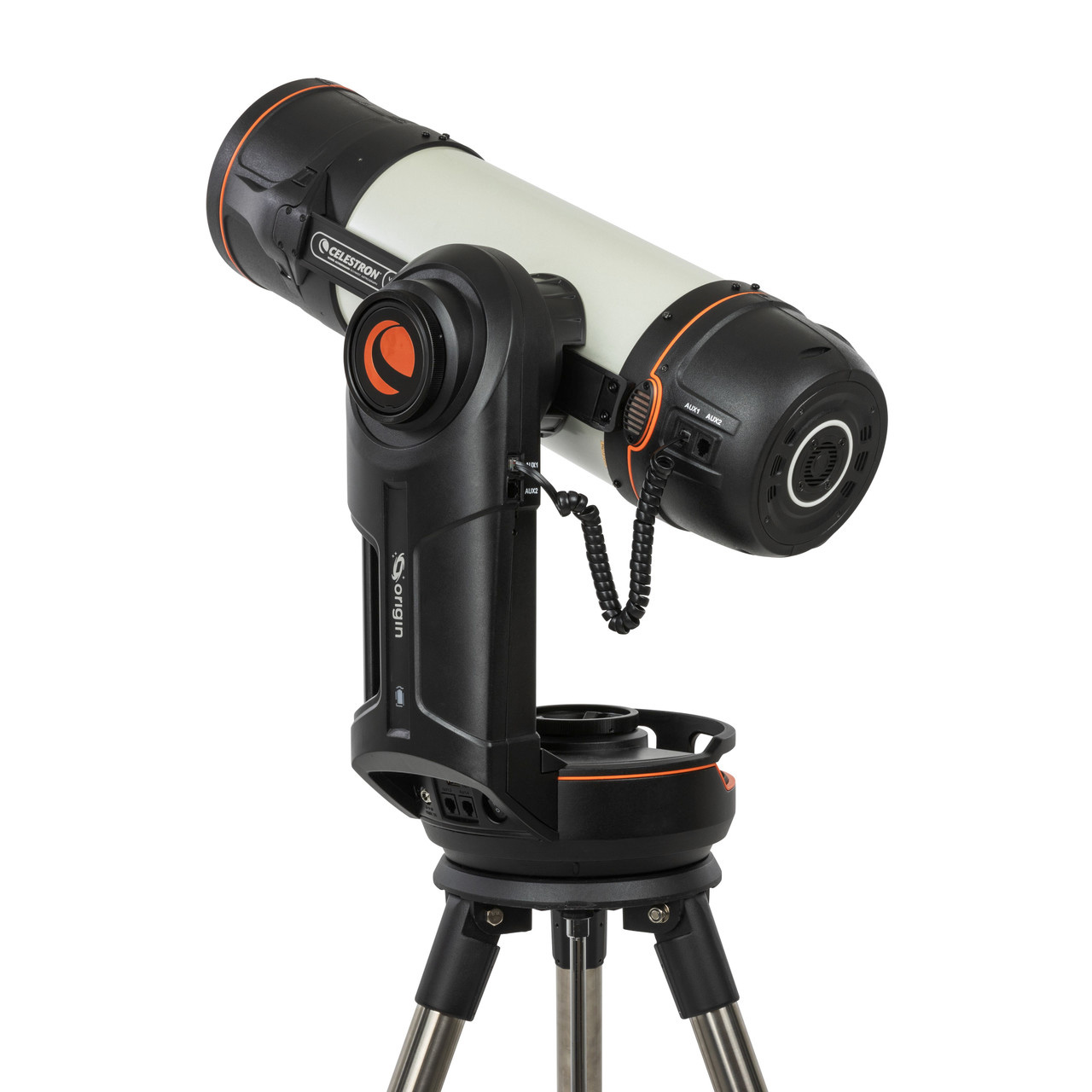 A back view of the Celestron Origin Intelligent Observatory Mark II smart telescope pointing up against a white background.