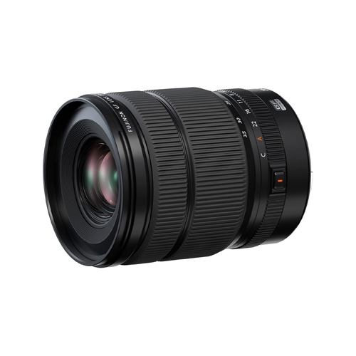 A Fujifilm GF 20-35mm F4 R WR 500 lens on a white background. 
