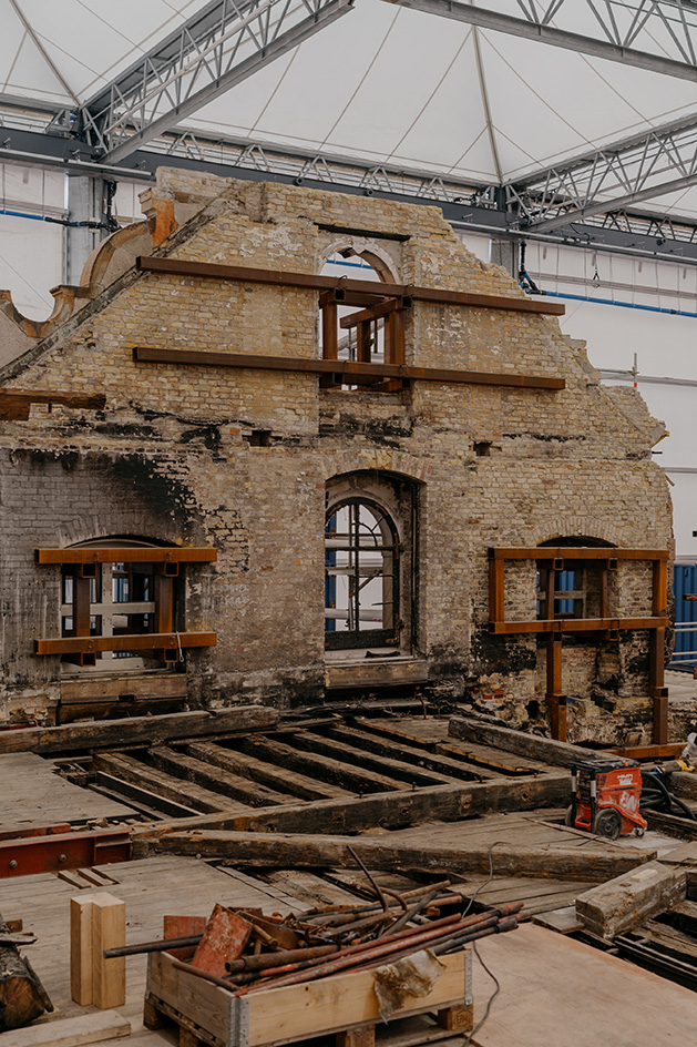 views of b&amp;oslash;rsen visitor centre, a space within the damaged b&amp;oslash;rsen in Copenhagen as it undergoes restoration