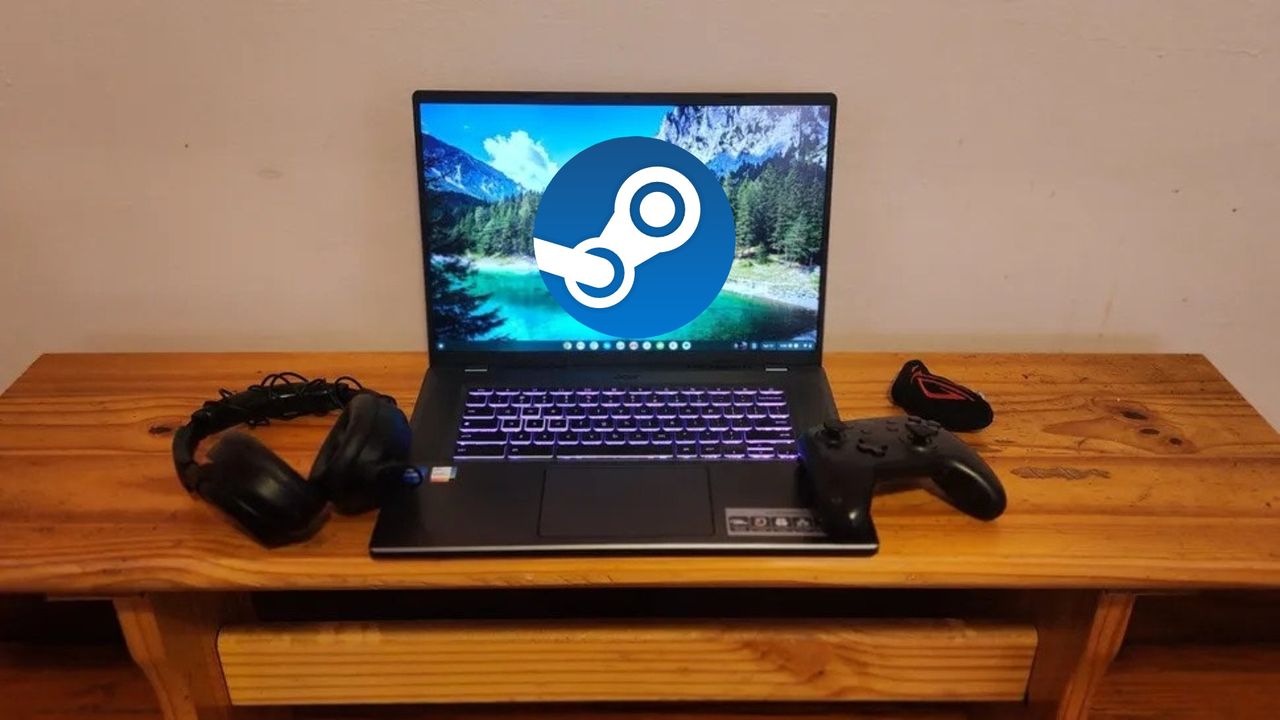 The Acer Chromebook 516 GE facing forward on a desk with gaming accessories like a gamepad and headset.