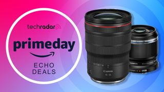Canon 15-35mm lens and Olympus 30mm macro lens next to a TechRadar Prime Day graphic