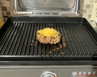 Grilling hamburger with grated cheese on Ninja Sizzle Smokeless Indoor Grill and Griddle appliance