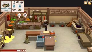 Immortal Life - A player holds a fish overhead in the inn kitchen to prepare a meal