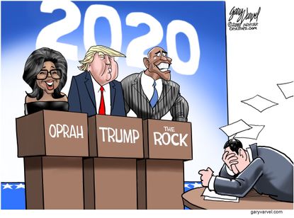 Political cartoon U.S. Oprah 2020 election Trump The Rock Hollywood