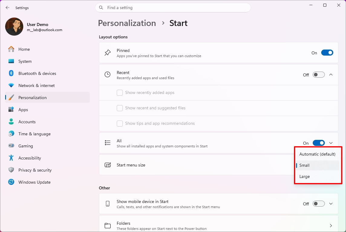 Windows 11 Settings showing the new Start menu settings.