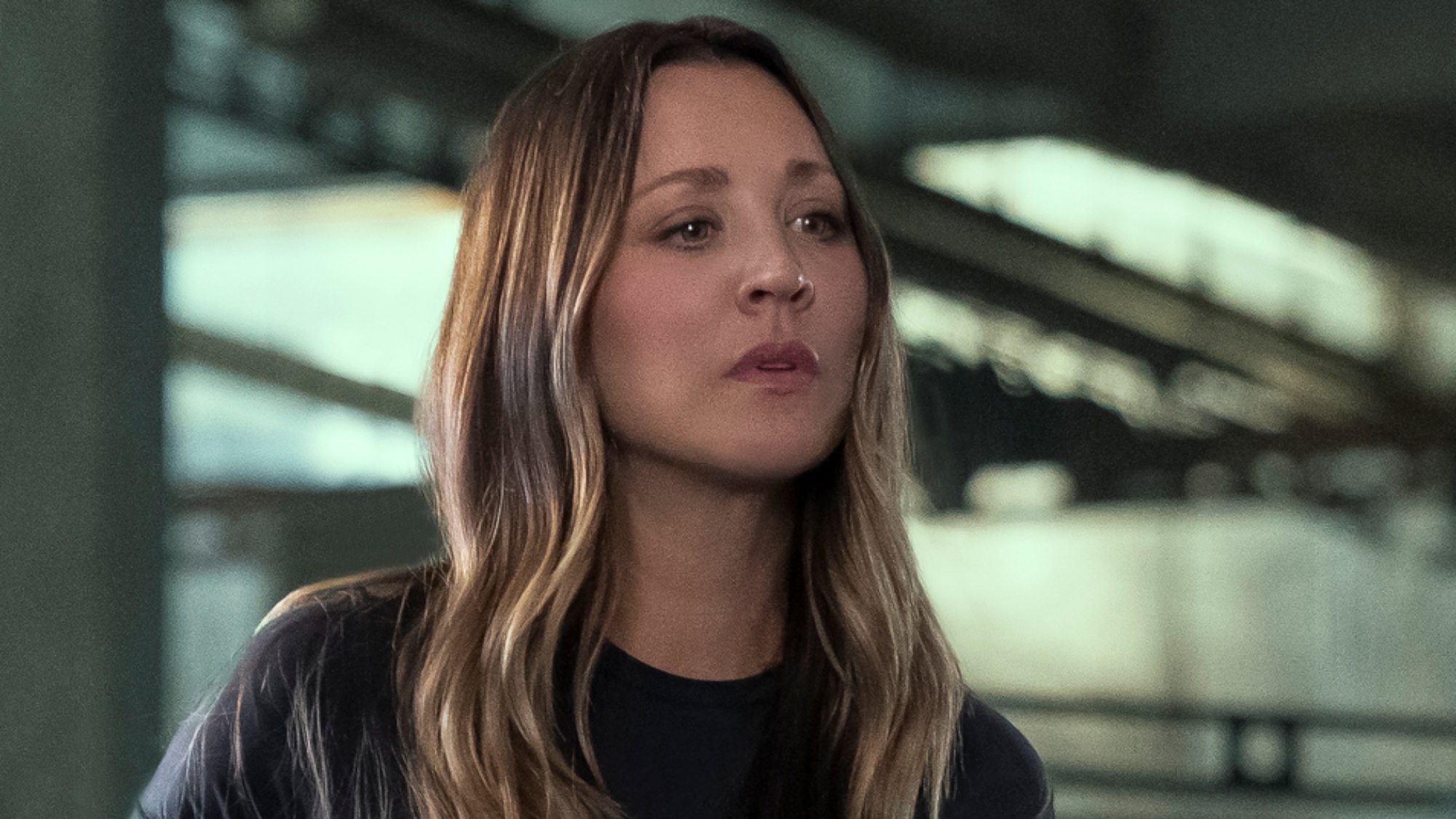 Kaley Cuoco looking concerned as Penny in Stuart Fails to Save the Universe.