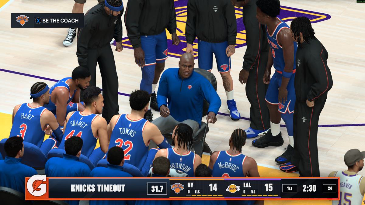 A coach in NBA 2K27 giving a timeout speech with DLSS 5 off