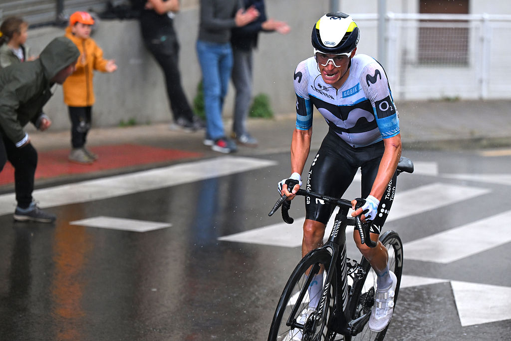 EIBAR, SPAIN - APRIL 12: Enric Mas of Spain and Movistar Team competes in the breakaway during the 64th Itzulia Basque Country 2025, Stage 6 a 153.4km stage from Eibar to Eibar / #UCIWT / on April 12, 2025 in Eibar, Spain. (Photo by Tim de Waele/Getty Images)